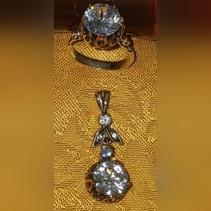 4.25Ct Lab Created Diamond Vtg Style Drop Pendant & Ring 14K-2- Tone Gold Finish